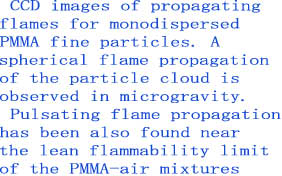  CCD images of propagating 
flames for monodispersed 
PMMA fine particles. A 
spherical flame propagation
of the particle cloud is 
observed in microgravity. 
 Pulsating flame propagation
has been also found near 
the lean flammability limit
of the PMMA-air mixtures