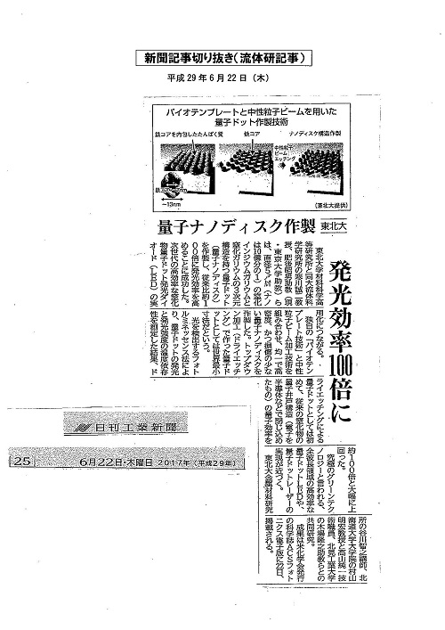発光効率100倍に　量子ナノディスク作成　東北大」（2017年6月2日　日刊工業新聞）
