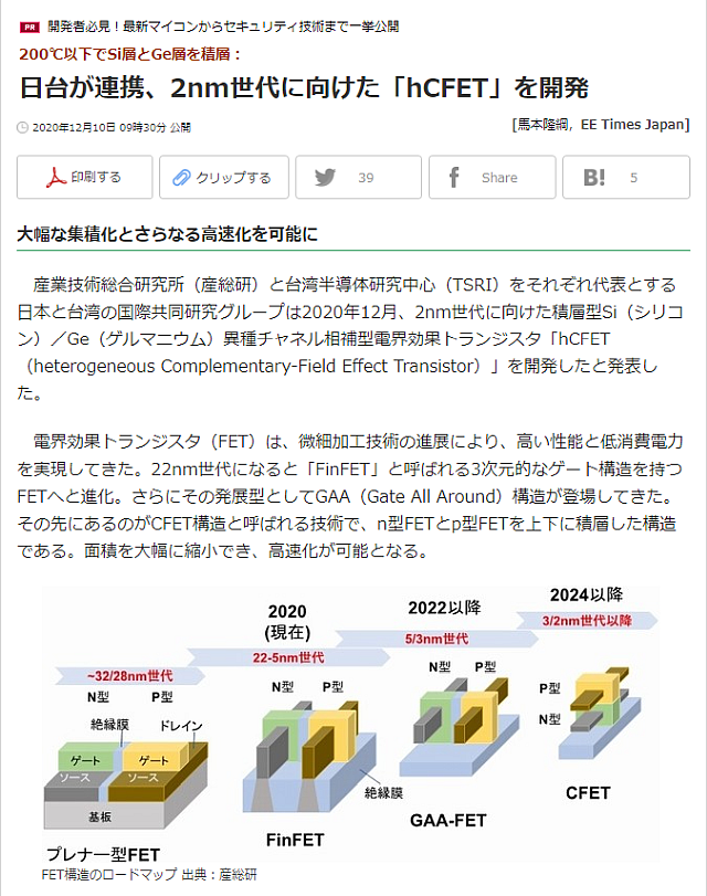 「日台が連携、2nm世代に向けた「hCFET」を開発」（2020年12月10日　ET Times Japan）